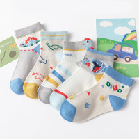 Five Pairs - Children's Mesh Breathable Cartoon Dinosaur Pattern Mid-calf Socks  Multicolor