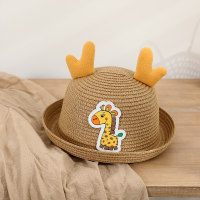 Children's summer sunshade travel cartoon giraffe three-dimensional ears beach straw hat  Khaki