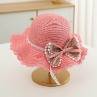Children's Summer Sun Shade Floral Bow Princess Outing Beach Straw Hat  Hot Pink