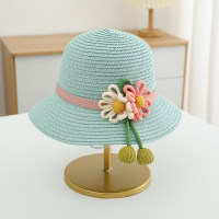Guarda-sol de verão infantil, rosa e branco, acessórios de flores grandes, chapéu de palha de praia para viagem de princesa  Azul