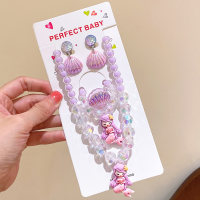 Conjunto de joyería con Clip para oreja indoloro de concha bonita y collar de pulsera de princesa sirena para niños  Multicolor