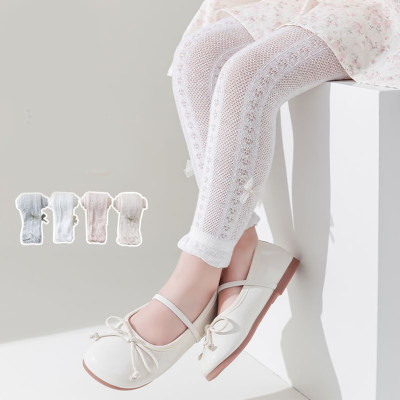 Girls Spring and Summer Thin Combed Cotton Solid Color Lace Ribbon Bowknot Crotch-Free Pants