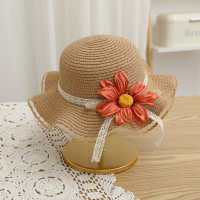 Sombrero de paja de playa de girasol de simulación de viaje con sombrilla de verano para niños  Caqui