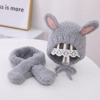 2-piece Baby Girl Solid Color Bunny Ear Design Plush Hat & Matching Scarf  Gray
