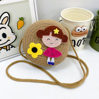 Children's summer beach trip cartoon doll cute straw bag woven bag  Brown