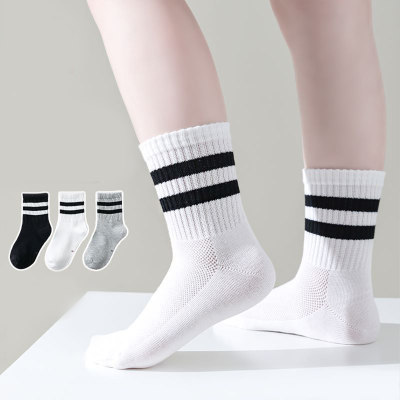 Children's spring and summer double bar striped breathable mid-tube socks