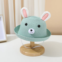 Sombrilla de verano para niños, sombrero de paja de playa con orejas tridimensionales de conejo de dibujos animados de viaje  Azul