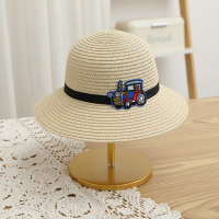 Children's summer sunshade travel cartoon car beach straw hat  Beige