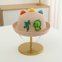 Sombrero de paja de playa con orejas tridimensionales de dinosaurio de dibujos animados para excursión con sombrilla de verano para niños  Rosado