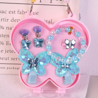 Children's cartoon cute girl butterfly bracelet hairpin ring ear clip six-piece set  Blue
