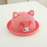 Children's summer sunshade travel cute three-dimensional ear beach straw hat  Hot Pink