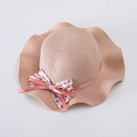 قبعة صيفية للأطفال من القش على شكل فيونكة مزخرفة بالزهور على الشاطئ  وردي 