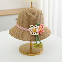 Guarda-sol de verão infantil, rosa e branco, acessórios de flores grandes, chapéu de palha de praia para viagem de princesa  Café