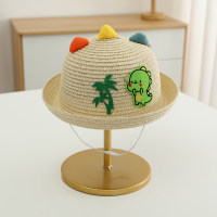 Sombrilla de verano para niños, sombrero de paja de playa con orejas tridimensionales de dinosaurio de dibujos animados de viaje  Beige
