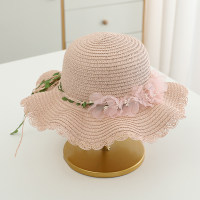Sombrero de paja de playa con perlas y flores de viaje para protección solar de verano para niños  Rosado