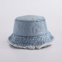 Cappello a secchiello per protezione solare alla moda per bambini primaverili ed estivi in denim lavato sottile con bordo grezzo  Azzurro