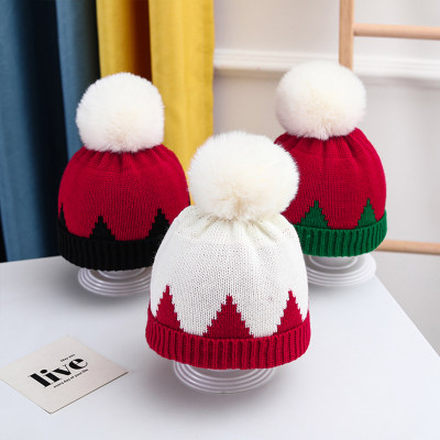 Baby Pure Cotton Christmas Color-block Pom Pom Decor Knitted Hat