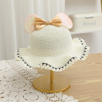 Children's summer sunshade travel bow Mickey ears sequined beach straw hat  White