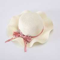 Children's summer sun protection beach travel floral bow straw hat  White