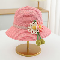 Sombrilla de verano para niños, accesorios de flores grandes rosa y blanco, sombrero de paja de playa de viaje de princesa  Rosa caliente