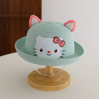 Pare-soleil d'été pour enfants, chapeau de paille de plage avec oreilles de chat en trois dimensions, dessin animé de voyage  Bleu