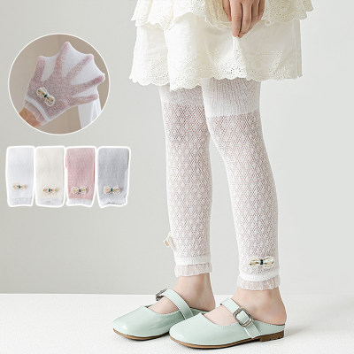 Leggings d'été fins en maille avec nœud floral pour filles, leggings de princesse anti-moustiques creux en dentelle à neuf points