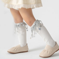 Girls' stylish five-pointed star sequined tassel stage catwalk stockings  White