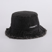Cappello a secchiello per protezione solare alla moda per bambini primaverili ed estivi in denim lavato sottile con bordo grezzo  Nero