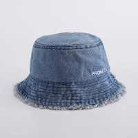 Cappello a secchiello per protezione solare alla moda per bambini primaverili ed estivi in denim lavato sottile con bordo grezzo  Blu