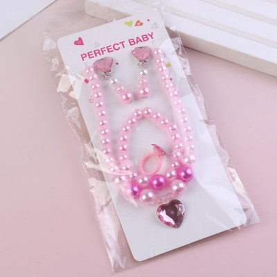 مجموعة من 5 قطع من قلادة الأميرة الحب الوردية اللطيفة للأطفال وسوار وحلقة الأذن ومشبك الأذن