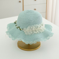 Sombrero de paja de playa con perlas y flores de viaje para protección solar de verano para niños  Azul
