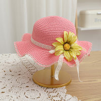 Children's summer sunshade travel simulation sunflower beach straw hat  Hot Pink
