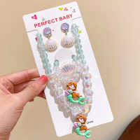 Bracelet et collier sirène princesse pour enfants, ensemble de bijoux à Clip d'oreille indolore, coquille mignonne  Multicolore