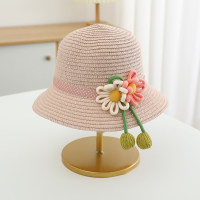 Guarda-sol de verão infantil, rosa e branco, acessórios de flores grandes, chapéu de palha de praia para viagem de princesa  Rosa