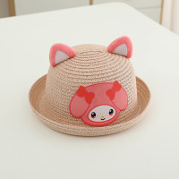 Children's summer sunshade travel cute three-dimensional ear beach straw hat  Pink
