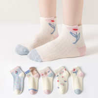 Five pairs of children's thin floral mesh breathable mid-calf socks  Multicolor