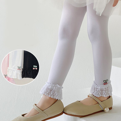 Leggings cortos de cereza de encaje de terciopelo antimosquitos finos de verano para niñas