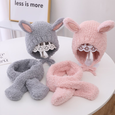2-piece Baby Girl Solid Color Bunny Ear Design Plush Hat & Matching Scarf