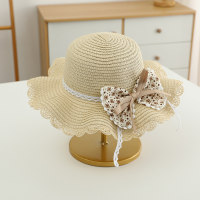 Sombrero de paja de playa de viaje de princesa con lazo floral para sombrilla de verano para niños  Caqui