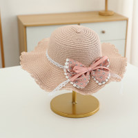 Children's Summer Sun Shade Floral Bow Princess Outing Beach Straw Hat  Pink