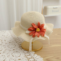 Sombrero de paja de playa de girasol de simulación de viaje con sombrilla de verano para niños  Beige