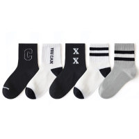 Five pairs - children's spring and summer simple and versatile striped letters black and white mesh sports mid-tube socks  Multicolor