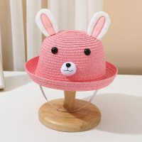 Sombrilla de verano para niños, sombrero de paja de playa con orejas tridimensionales de conejo de dibujos animados de viaje  Rosa caliente