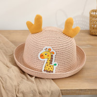 Sombrilla de verano para niños, sombrero de paja de playa con orejas tridimensionales de jirafa de dibujos animados de viaje  Rosado