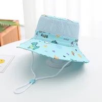 Children's spring and summer travel sun protection mesh dinosaur print basin hat  Light Blue