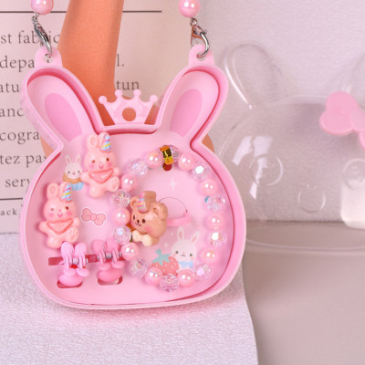 Children's cartoon cute girl bunny rainbow hot air balloon bracelet hairpin ring six-piece set
