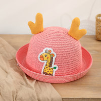 Children's summer sunshade travel cartoon giraffe three-dimensional ears beach straw hat  Hot Pink