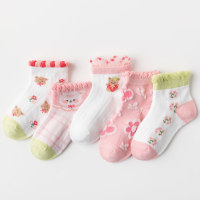 Five Pairs - Children's Summer Thin Cute Flower Bear Mesh Breathable Mid-calf Socks  Multicolor