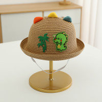 Sombrero de paja de playa con orejas tridimensionales de dinosaurio de dibujos animados para excursión con sombrilla de verano para niños  Caqui