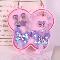 Children's cartoon cute girl butterfly bracelet hairpin ring ear clip six-piece set  Purple